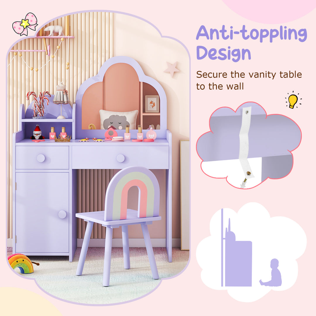 Kids Vanity Table and Chair Set with Cloud-shaped Mirror and Open Shelf-Purple