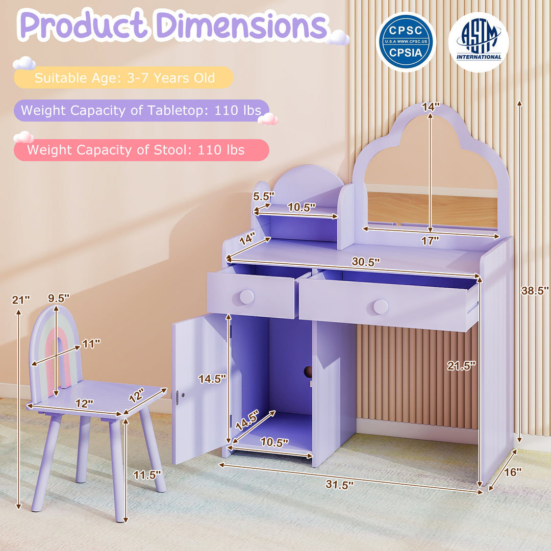Kids Vanity Table and Chair Set with Cloud-shaped Mirror and Open Shelf-Purple