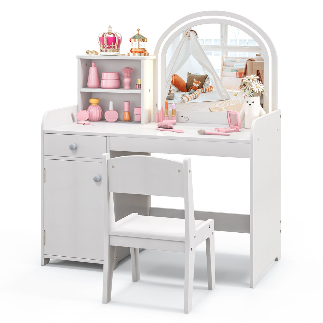 Kids Vanity Table and Chair Set with Shelves Drawer and Cabinet-White