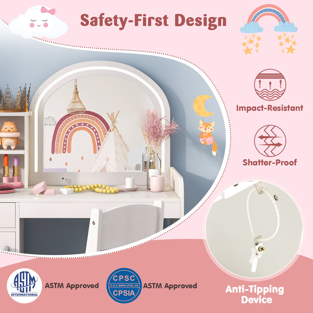 Kids Vanity Table and Chair Set with Shelves Drawer and Cabinet-White