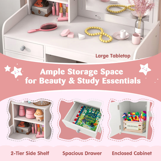 Kids Vanity Table and Chair Set with Shelves Drawer and Cabinet-White
