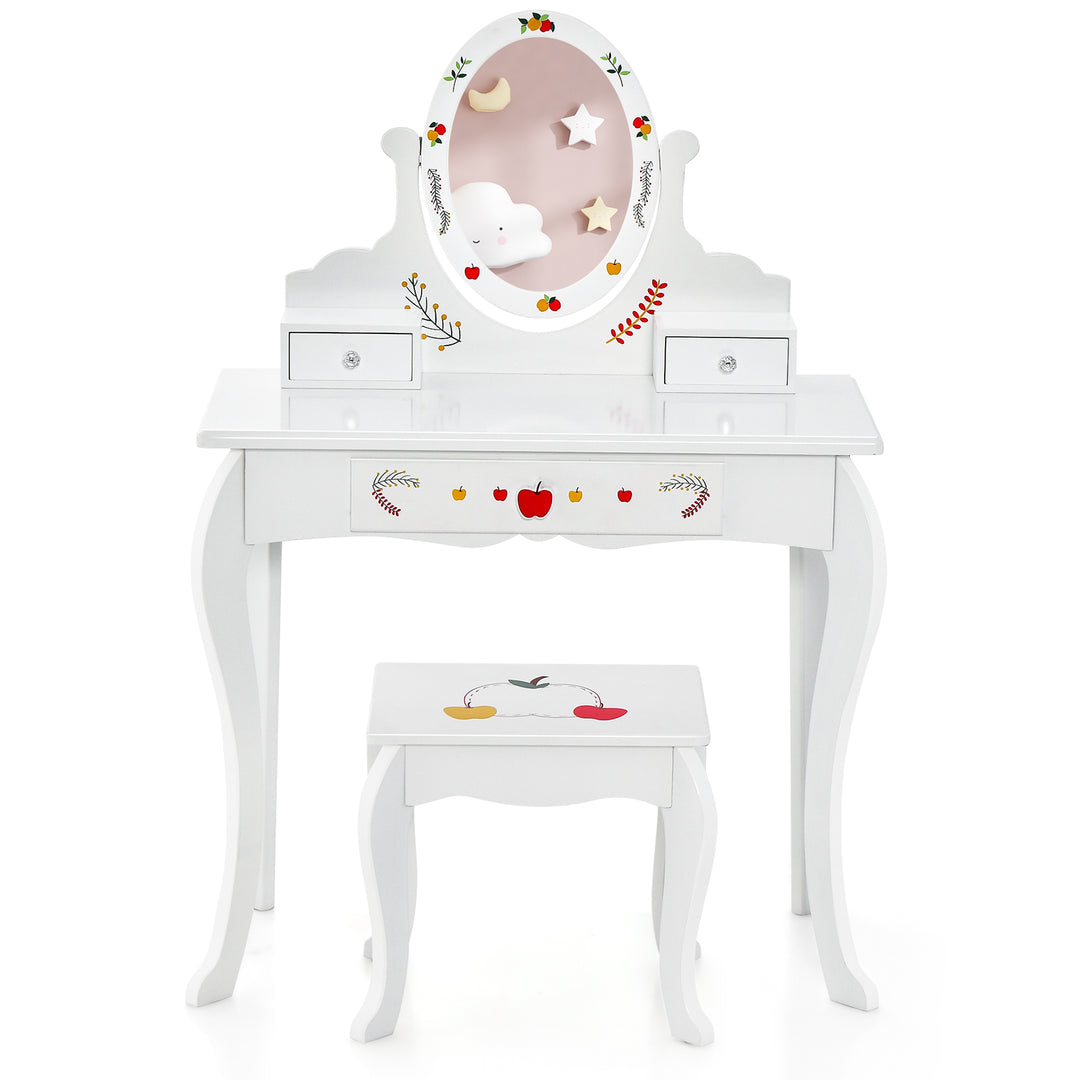Kids Vanity and Stool Set with 360° Rotatable Mirror and Whiteboard-White