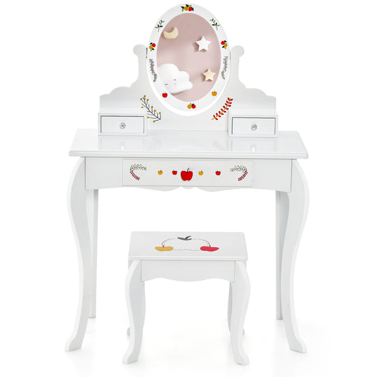 Kids Vanity and Stool Set with 360° Rotatable Mirror and Whiteboard-White