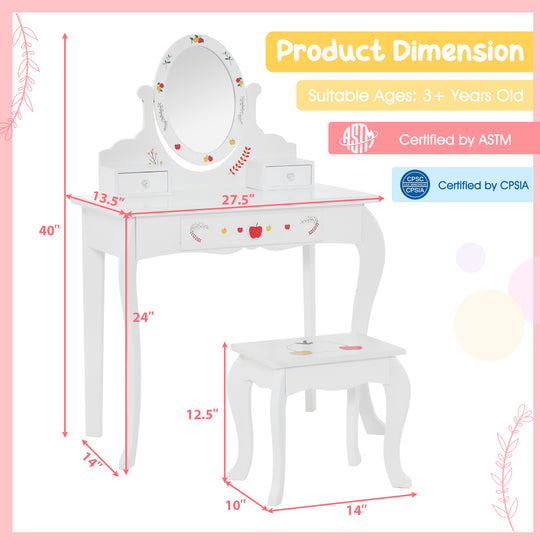 Kids Vanity and Stool Set with 360° Rotatable Mirror and Whiteboard-White