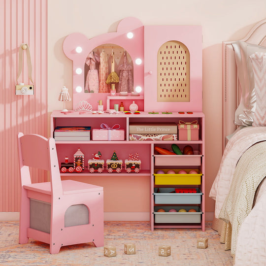 Kids Vanity with Lights and 5 Drawers for Kids Aged 3+ Years Old