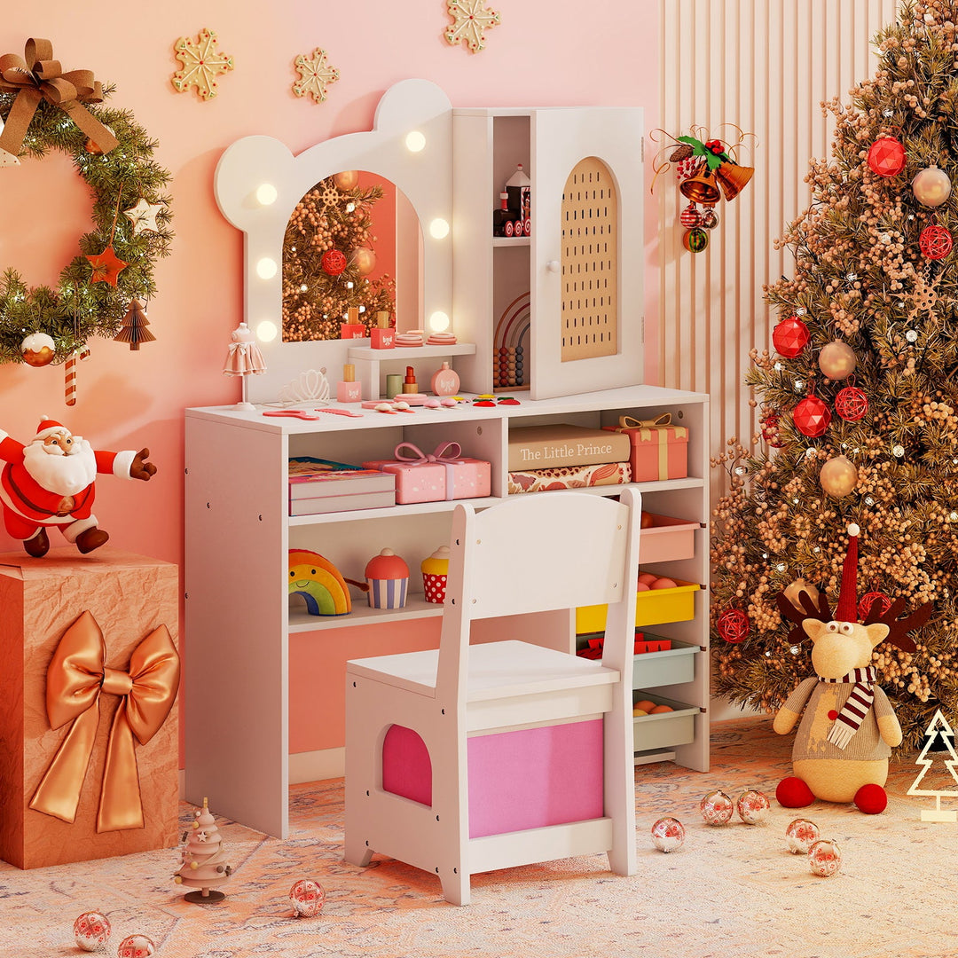 Kids Vanity with Lights and 5 Drawers for Kids Aged 3+ Years Old