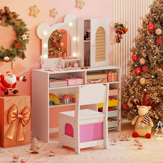 Kids Vanity with Lights and 5 Drawers for Kids Aged 3+ Years Old
