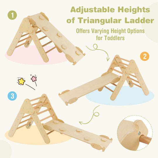 5-in-1 Wooden Kids Climber Toys with Triangle Arch Ramp-Natural