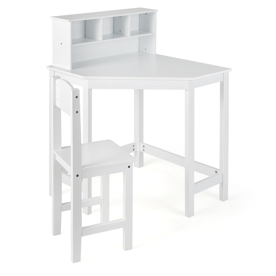 Kids Wooden Corner Desk and Chair Set with Hutch and Storage-White