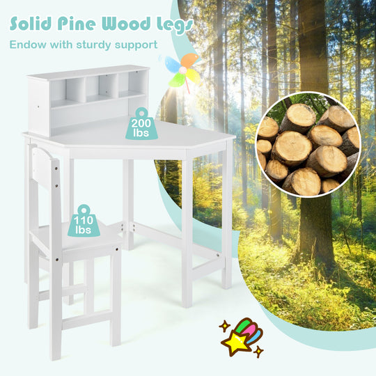 Kids Wooden Corner Desk and Chair Set with Hutch and Storage-White