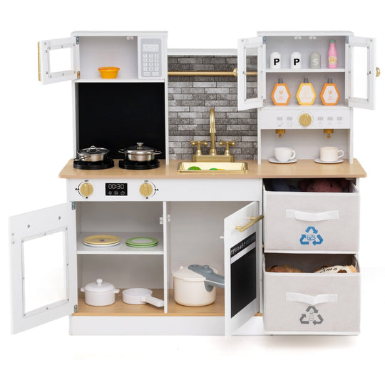 Kids Wooden Kitchen Playset with Stoves Sound Light for 3+ Years Old-White