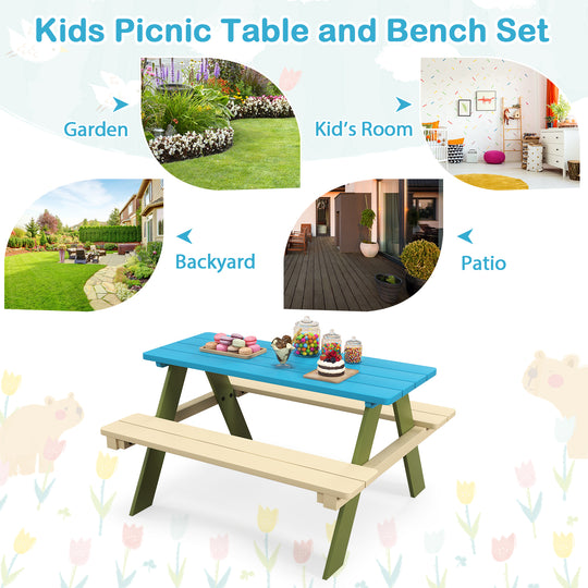 Kids Wooden Picnic Table Set Toddler Activity and Dining Table with Built-in Benches