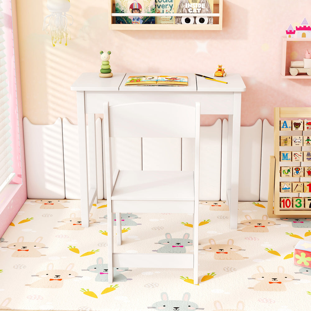 2-in-1 Kids Vanity Makeup Table and Chair Set with Flip Top Mirror-White