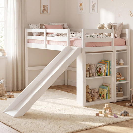 Twin Loft Bed Frame with Slide and Ladder - White