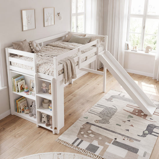 Twin Loft Bed Frame with Slide and Ladder - White