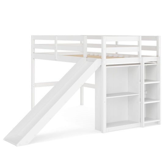 Twin Loft Bed Frame with Slide and Ladder - White