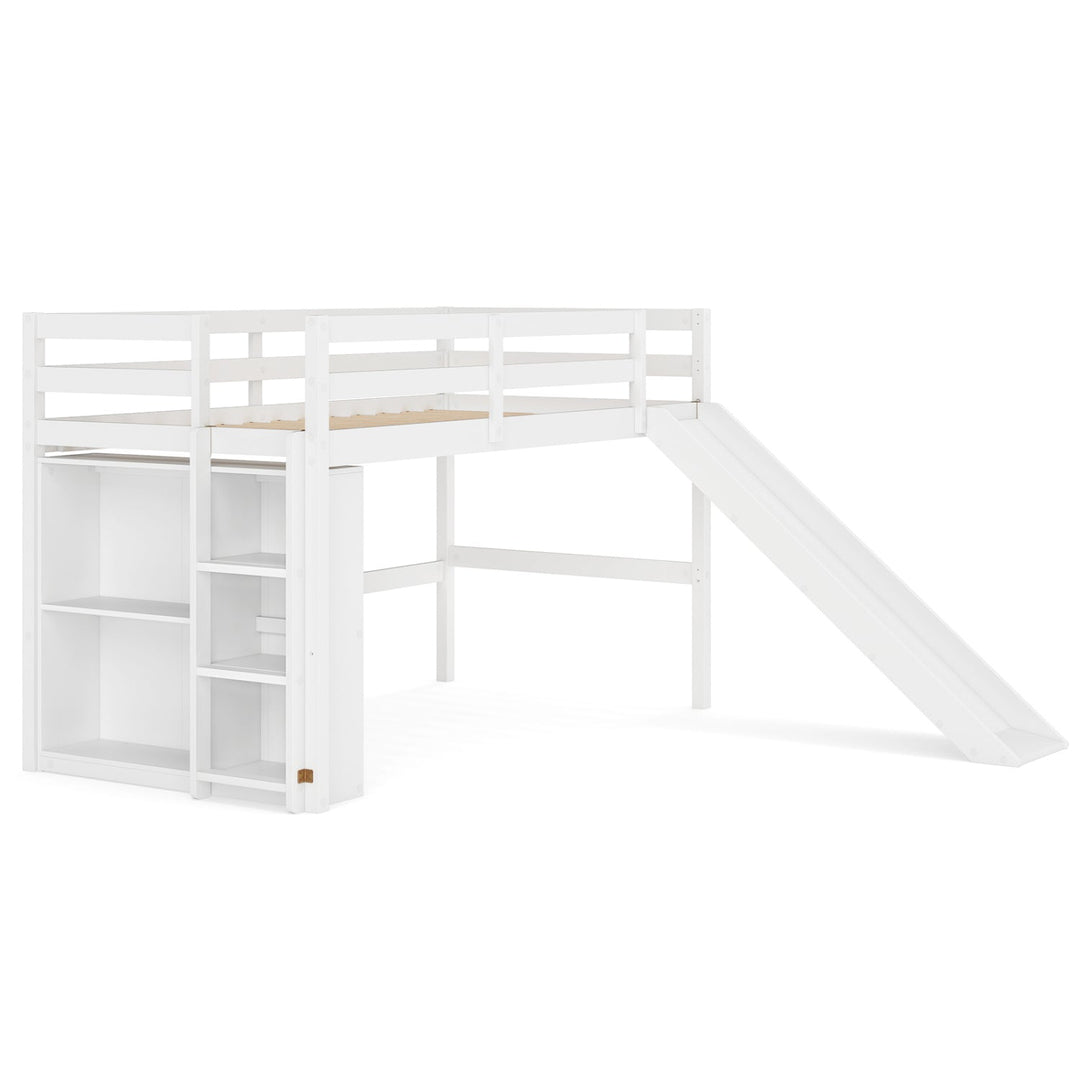 Twin Loft Bed Frame with Slide and Ladder - White