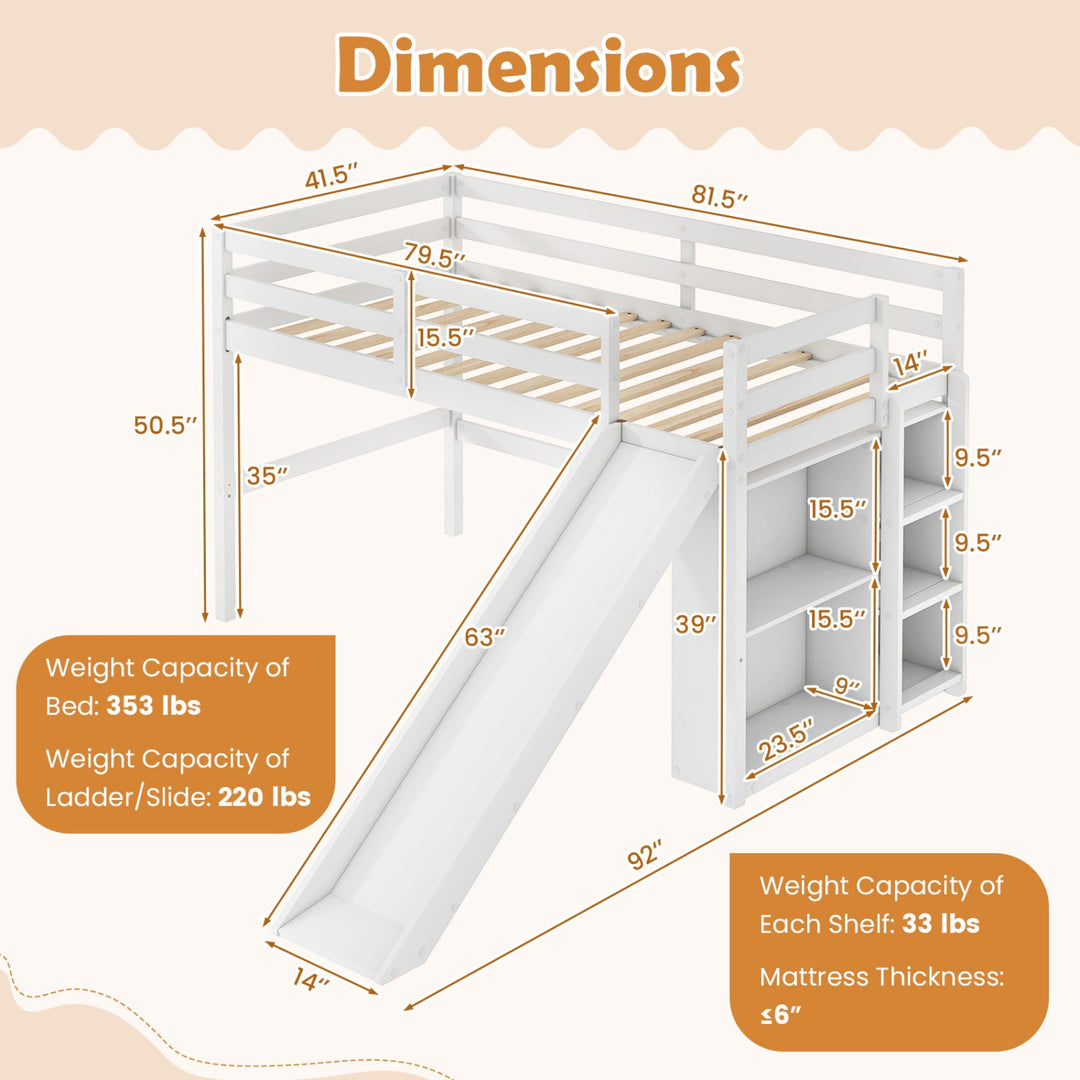 Twin Loft Bed Frame with Slide and Ladder - White