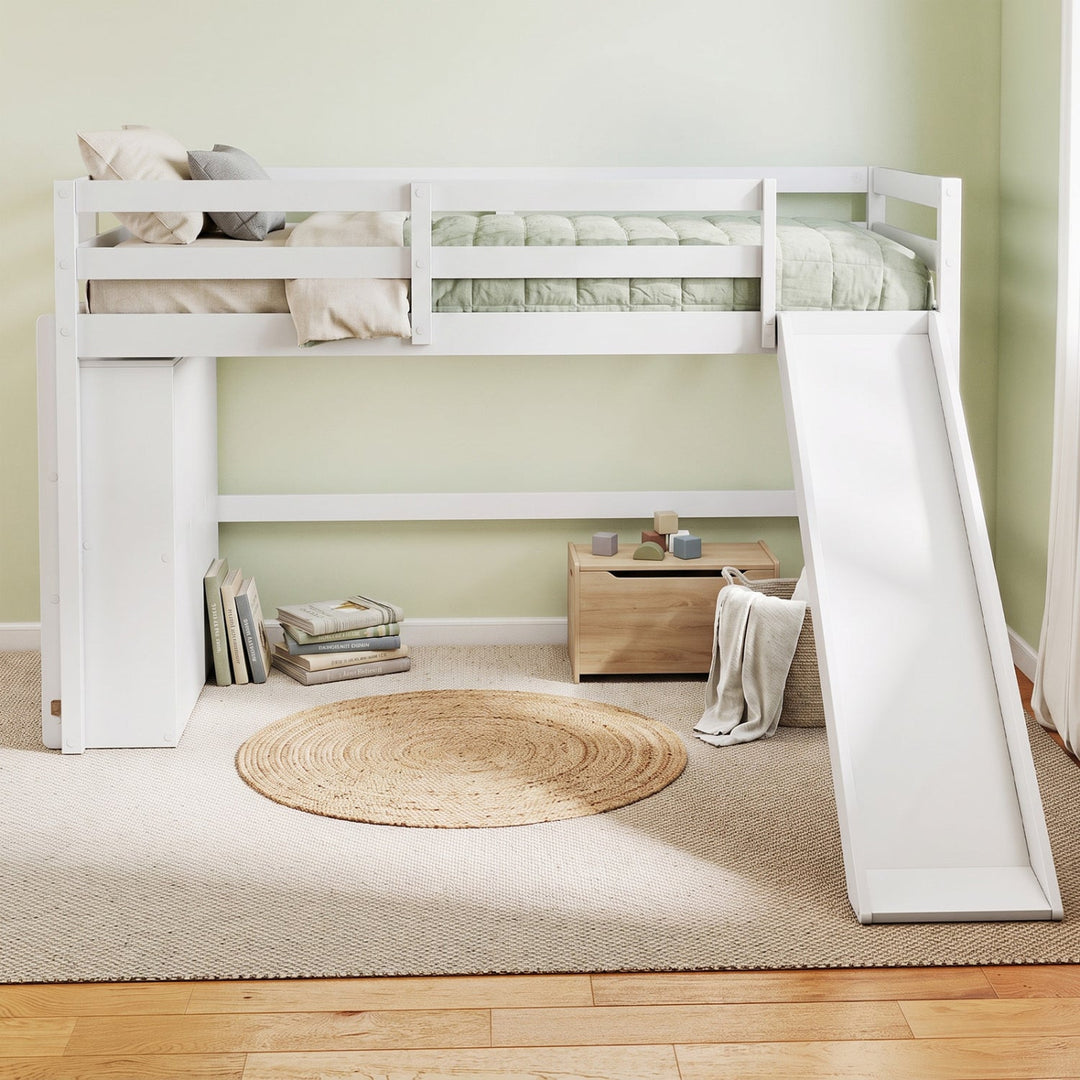 Twin Loft Bed Frame with Slide and Ladder - White