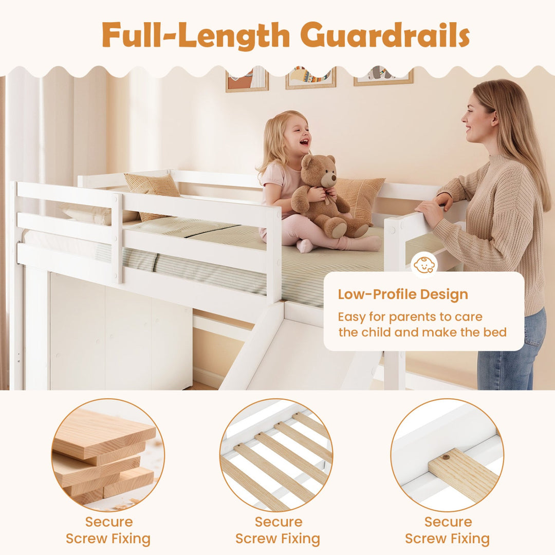 Twin Loft Bed Frame with Slide and Ladder - White