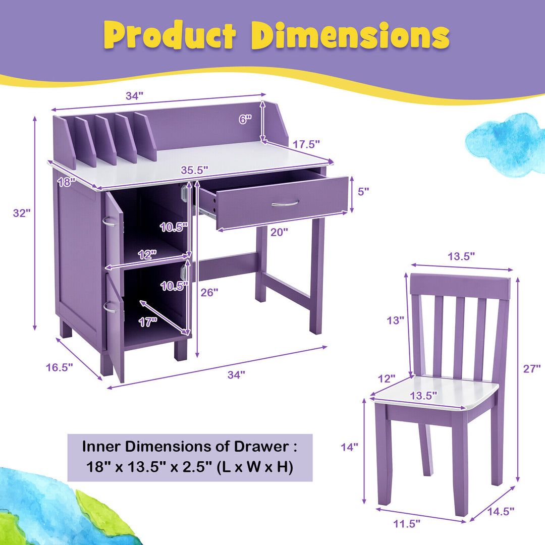 Kids Wooden Writing Furniture Set with Drawer and Storage Cabinet-Purple
