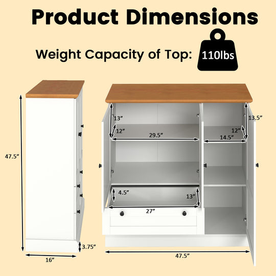 47.5 Inch Kitchen Freestanding Storage Cabinet with 3 Doors and 2 Large Drawers-White