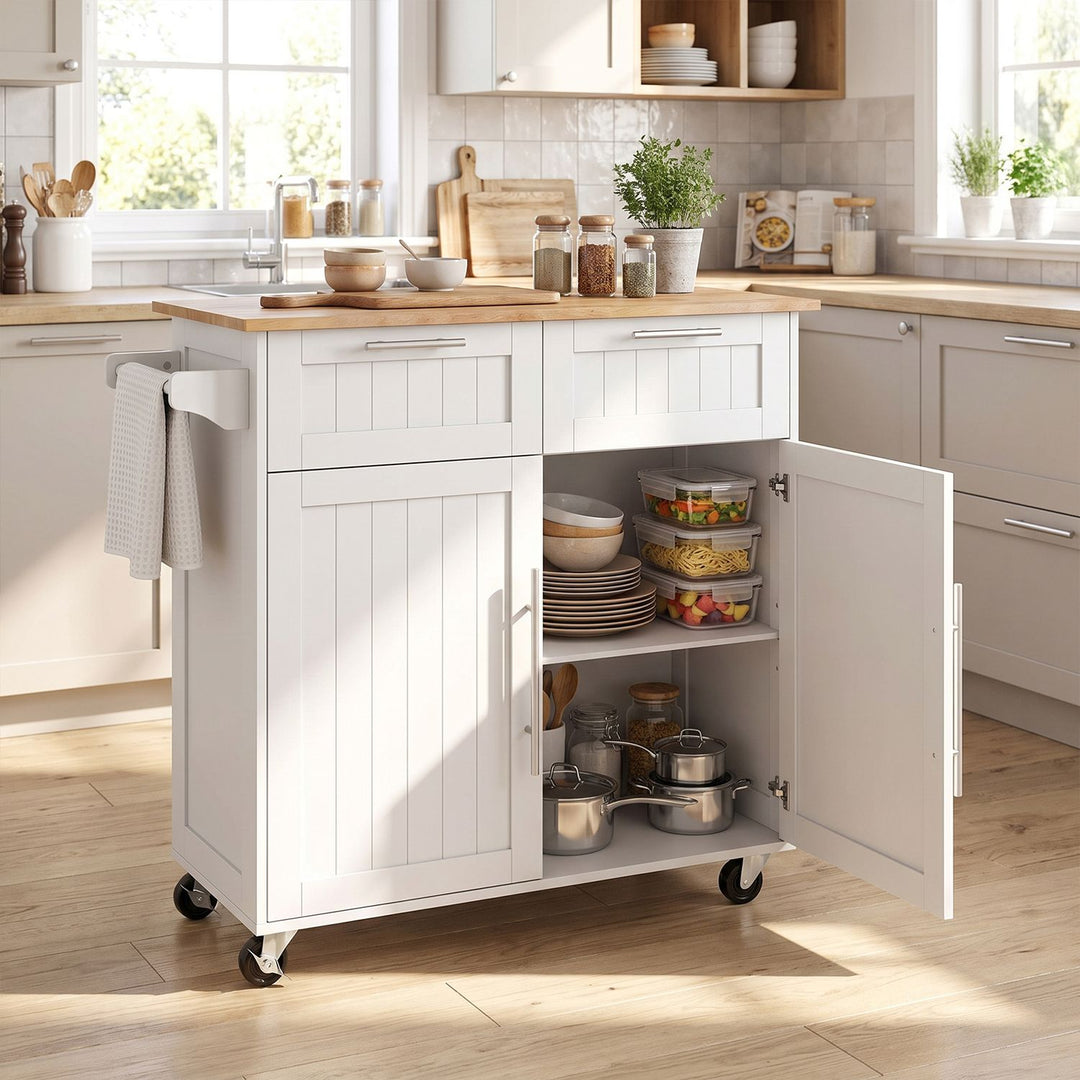 Kitchen Island Cart with Rubber Wood Top and Adjustable Shelves Towel Rack for Dining Room-White
