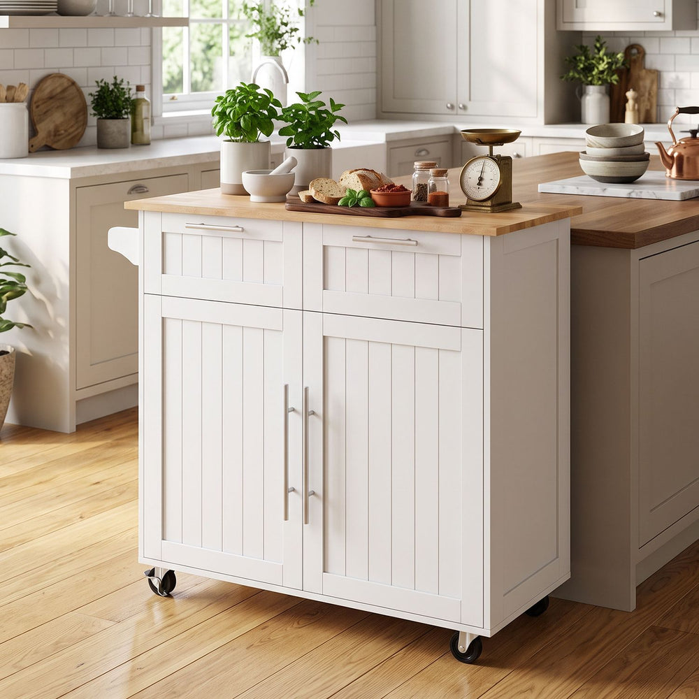 Kitchen Island Cart with Rubber Wood Top and Adjustable Shelves Towel Rack for Dining Room-White