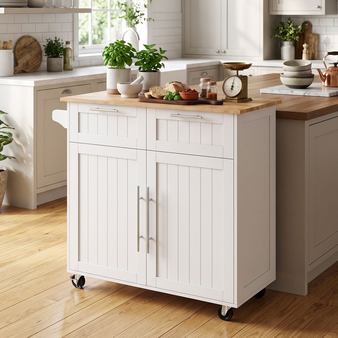 Kitchen Island Cart with Rubber Wood Top and Adjustable Shelves Towel Rack for Dining Room-White