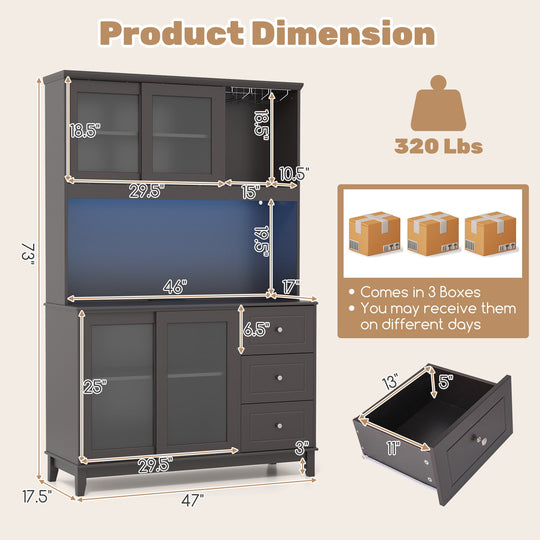 Kitchen Pantry Storage Cabinet Kitchen Hutch with LED lights and Power Outlet