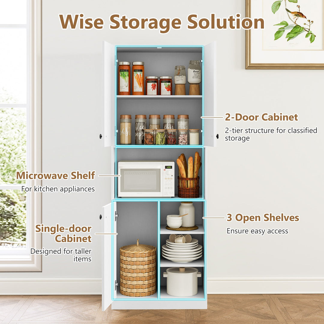 Kitchen Pantry Storage Cabinet with Microwave Stand and Open Shelves