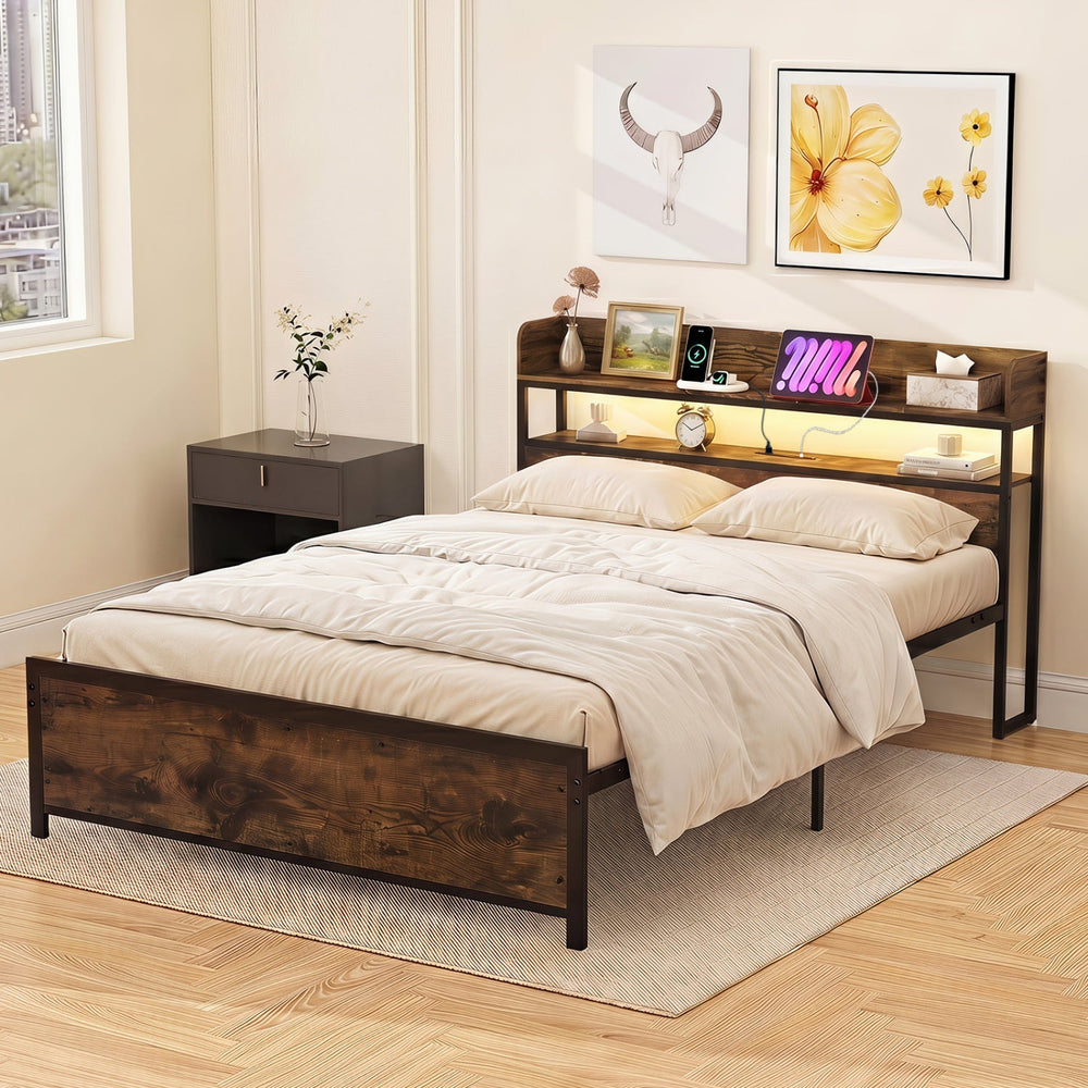 Queen LED Bed Frame with Power Outlets and Storage Headboard