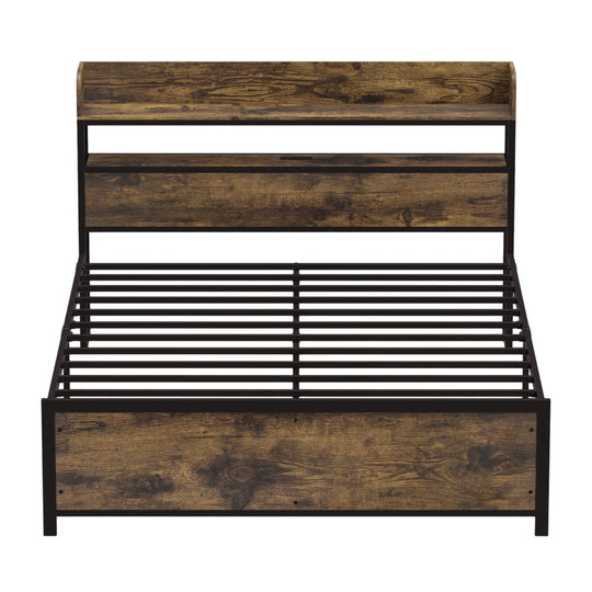 Queen LED Bed Frame with Power Outlets and Storage Headboard