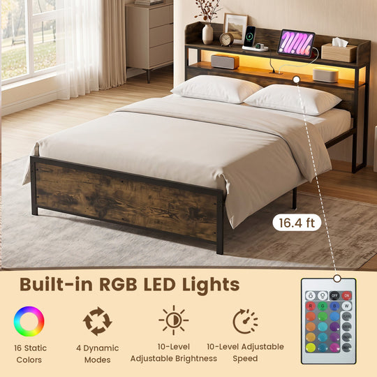 Queen LED Bed Frame with Power Outlets and Storage Headboard