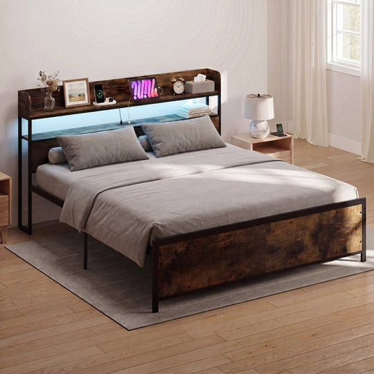 Queen LED Bed Frame with Power Outlets and Storage Headboard