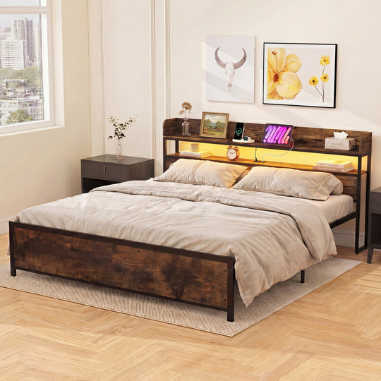 Queen LED Bed Frame with Power Outlets and Storage Headboard