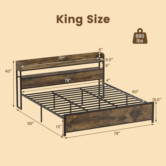 Queen LED Bed Frame with Power Outlets and Storage Headboard