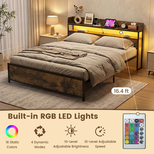 Queen LED Bed Frame with Power Outlets and Storage Headboard