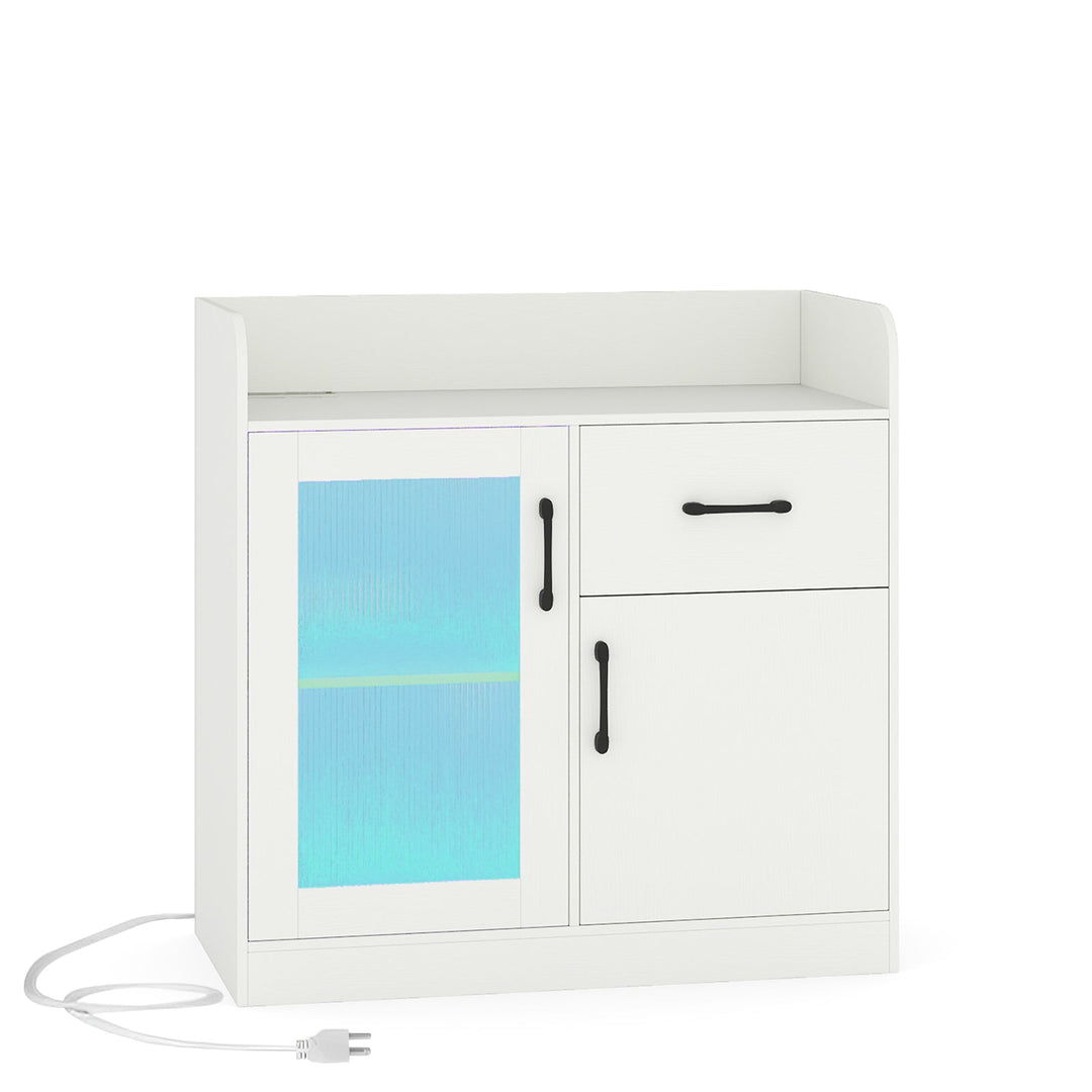 LED Buffet Sideboard with Charging Station with Drawer and Translucent Fluted Door-White
