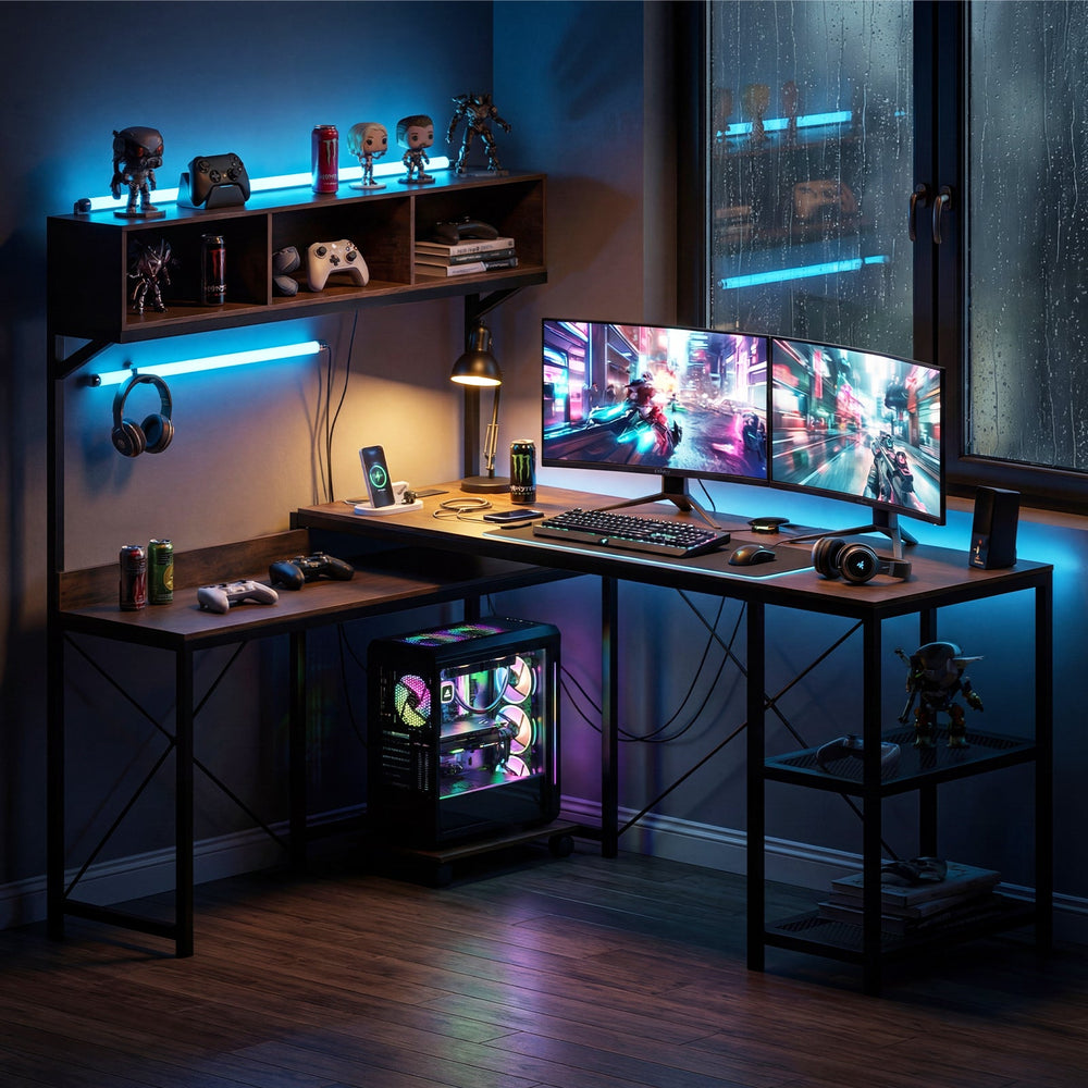 L-Shaped Computer Desk with Power Outlets 62 Inches Corner Desk with Storage Hutch-Brown