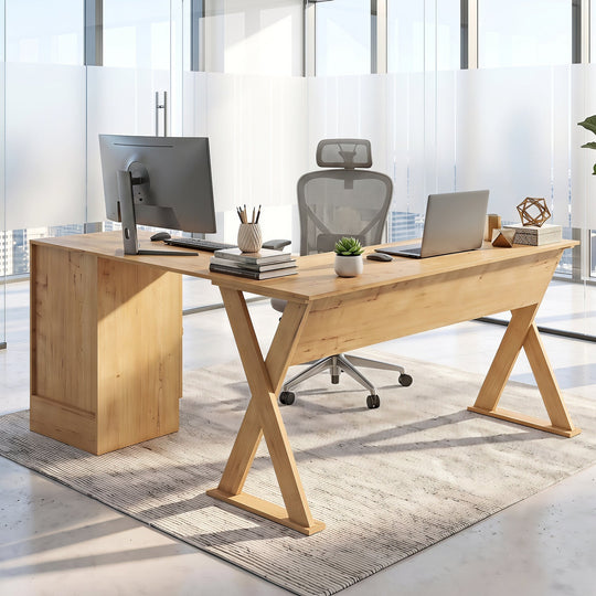 L-Shaped Computer Desk with Reversible Drawer and Cabinet