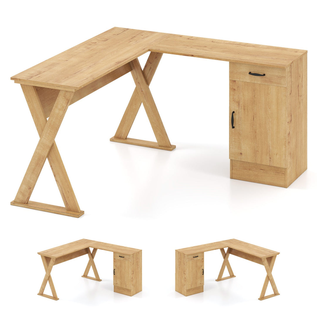 L-Shaped Computer Desk with Reversible Drawer and Cabinet