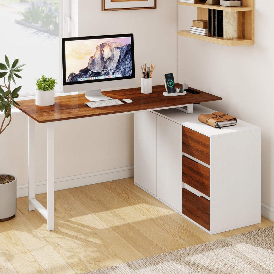 L-Shaped Desk with File Cabinet and Power Outlet Reversible Corner Computer Desk