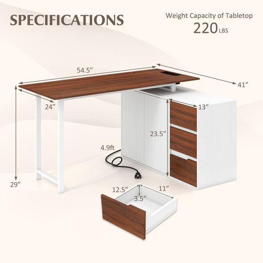 L-Shaped Desk with File Cabinet and Power Outlet Reversible Corner Computer Desk
