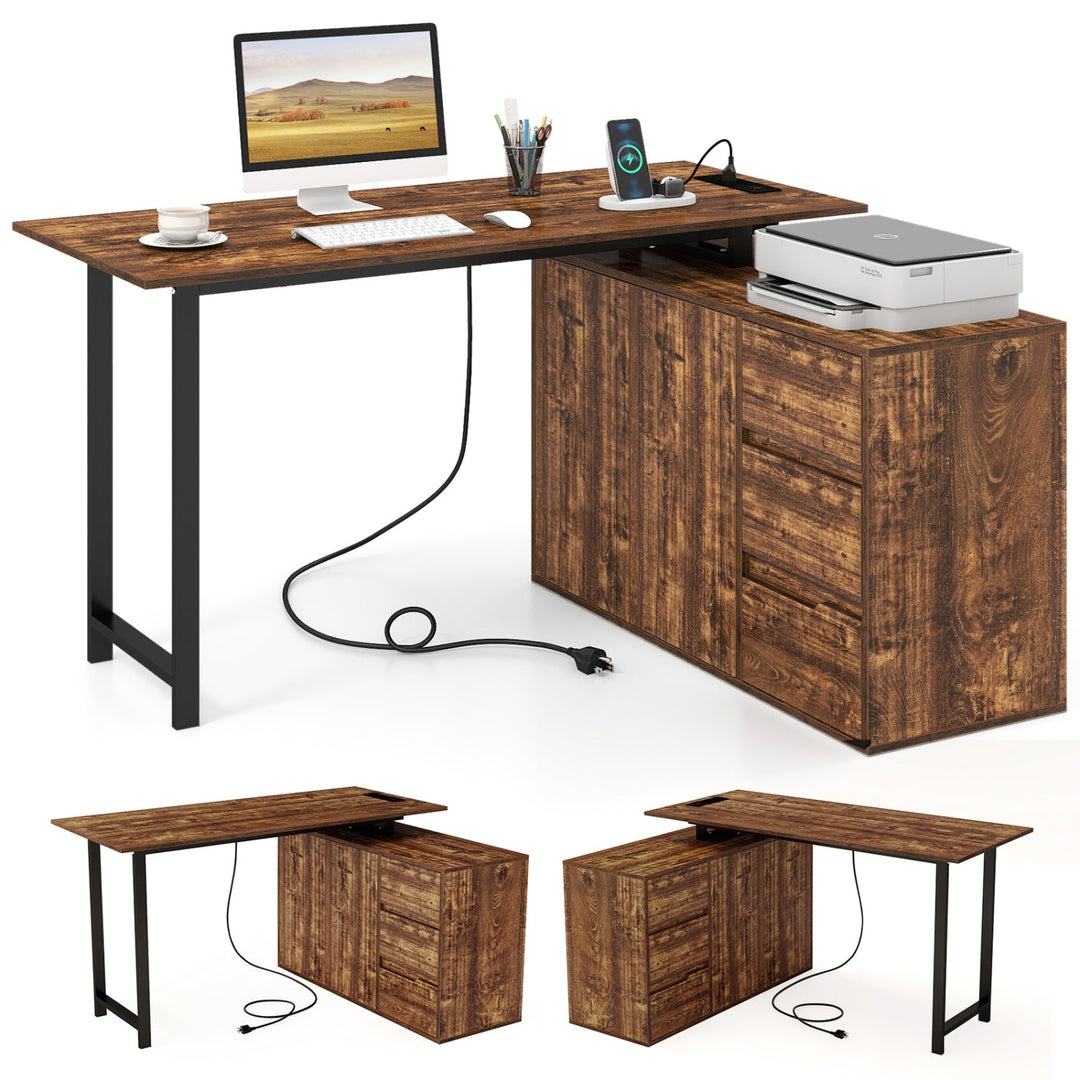 L-Shaped Desk with File Cabinet and Power Outlet Reversible Corner Computer Desk