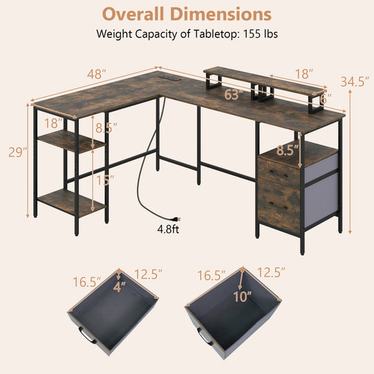 L-Shaped Desk with Power Outlet and Monitor Stands