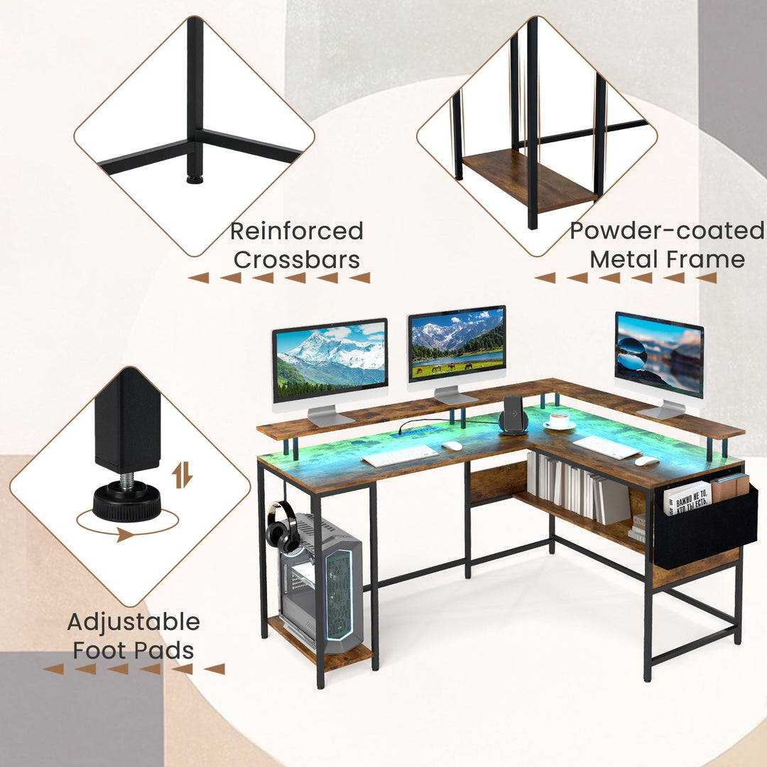 L-Shaped Gaming Desk with LED Lights and Power Outlets Home Office Computer Desk