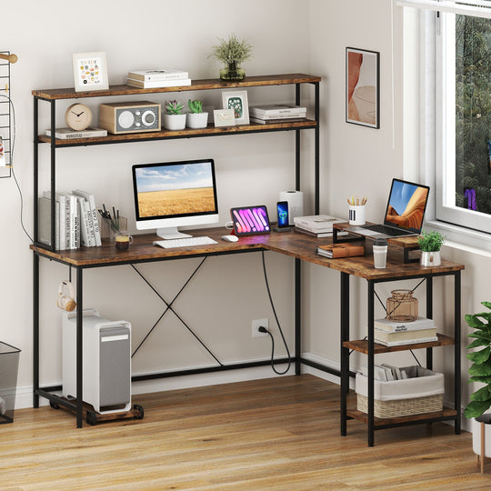 L-Shaped Reversible Gaming Desk with LED Strip and Power Outlets Hutch Monitor Stand