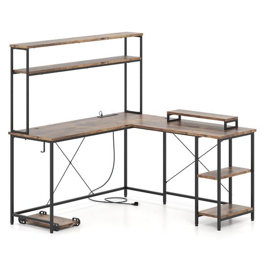 L-Shaped Reversible Gaming Desk with LED Strip and Power Outlets Hutch Monitor Stand