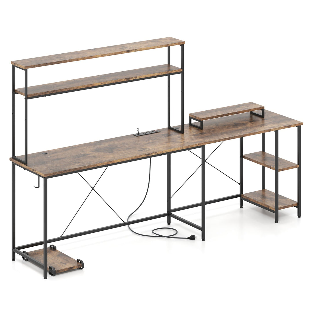 L-Shaped Reversible Gaming Desk with LED Strip and Power Outlets Hutch Monitor Stand
